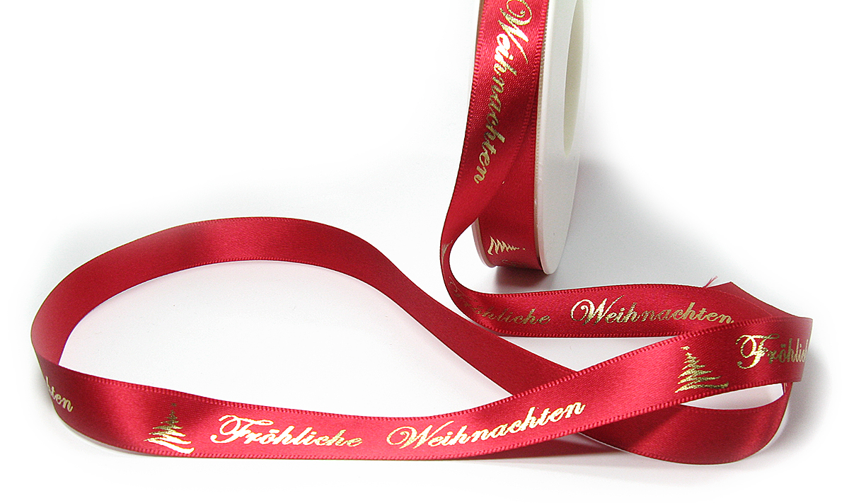 Weihnachtsband-Satin-15mm breit/25m Rolle, rot, gold-hochglanz