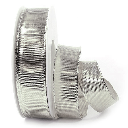 Silberband Glory: 25mm breit / 25m-Rolle, mit Drahtkante