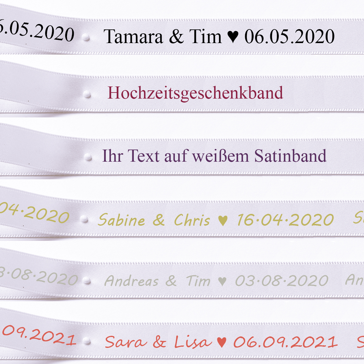 Ihr Text auf weißem Satinband: 15mm breit / 25m-Rolle