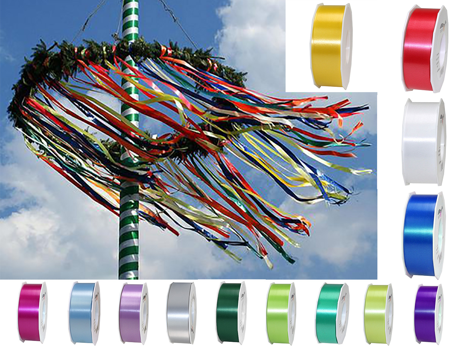 Maibaumband: Breiten- und Farbauswahl Maibaumband: Breiten- und Farbauswahl