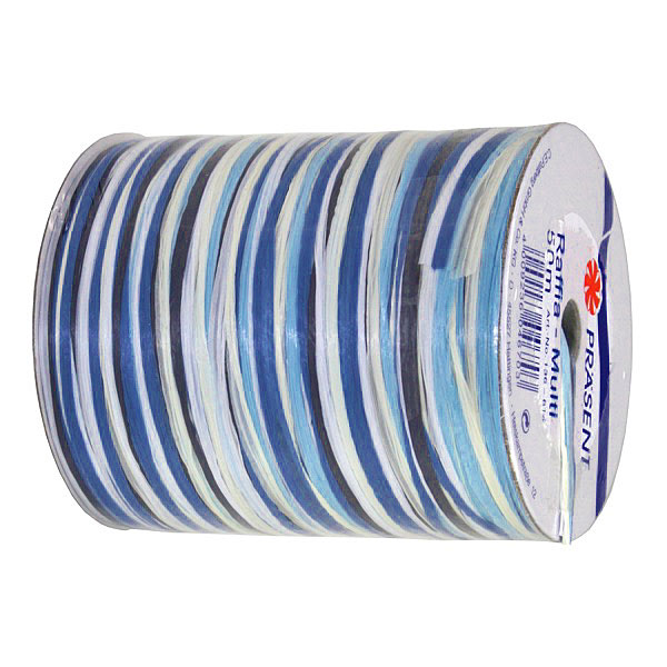 136-614 Raffia-MULTI-Bindebast: 5mm breit / 50m-Rolle, hellblau-dunkelblau-weiß