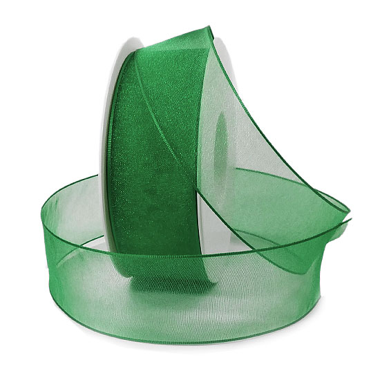 Organzaband mit Drahtkante,  grasgrün - 38mm breit / 25m-Rolle