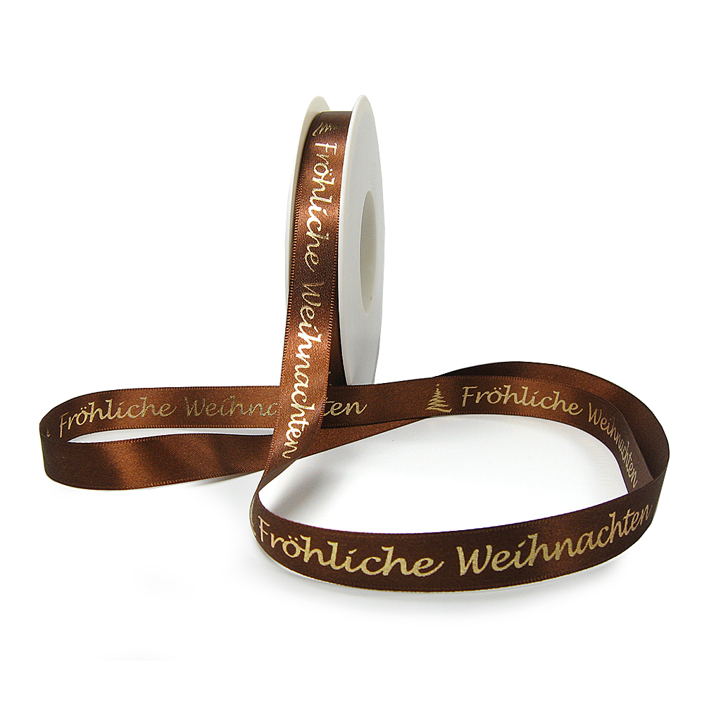 SW2898 Weihnachtsband-Satin-15mm breit/25m Rolle, kaffeebraun, gold-hochglanz