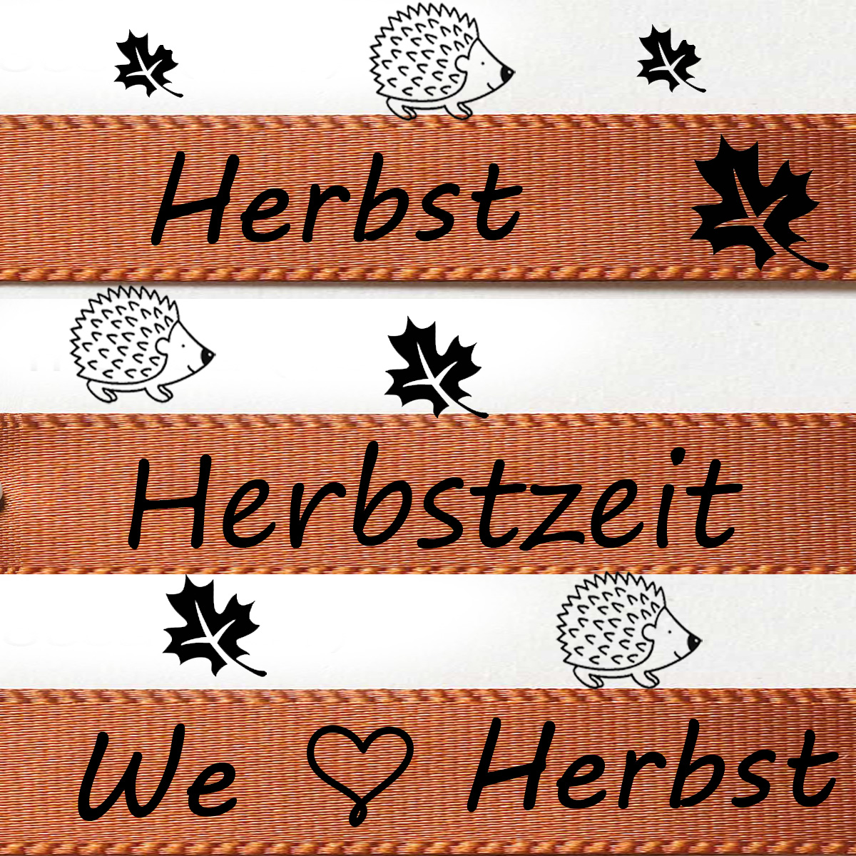 Herbstband aus Doppelsatinband mocca mit schwarzem Druck und Herbstmotiven 15mm breit / 25m-Rolle