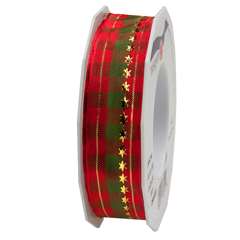 2912520609 Weihnachtsband - BORMIO: 25mm breit / 20m-Rolle, rot-grün-gold