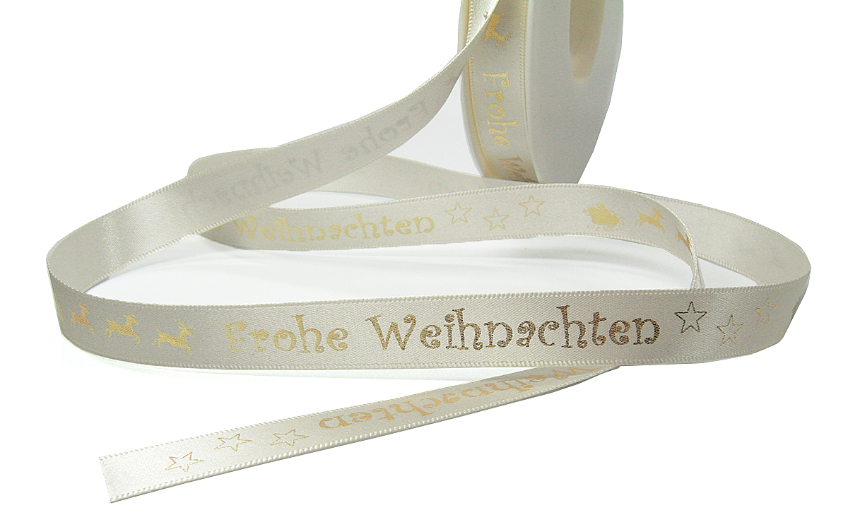 Weihnachtsband-Satin-15mm breit/25m Rolle, creme, gold-hochglanz