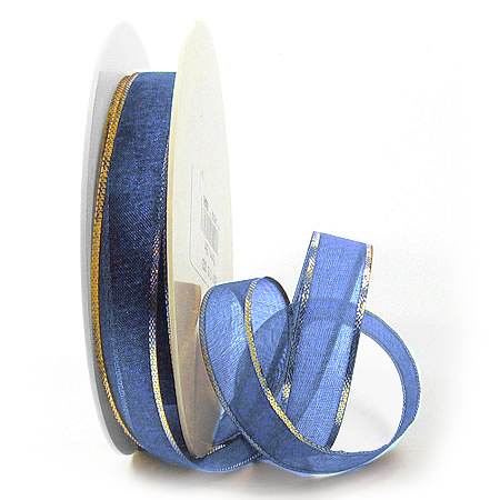 65311535 Organzaband-Magic: Royalblau-Gold, 15mm breit / 25m-Rolle.