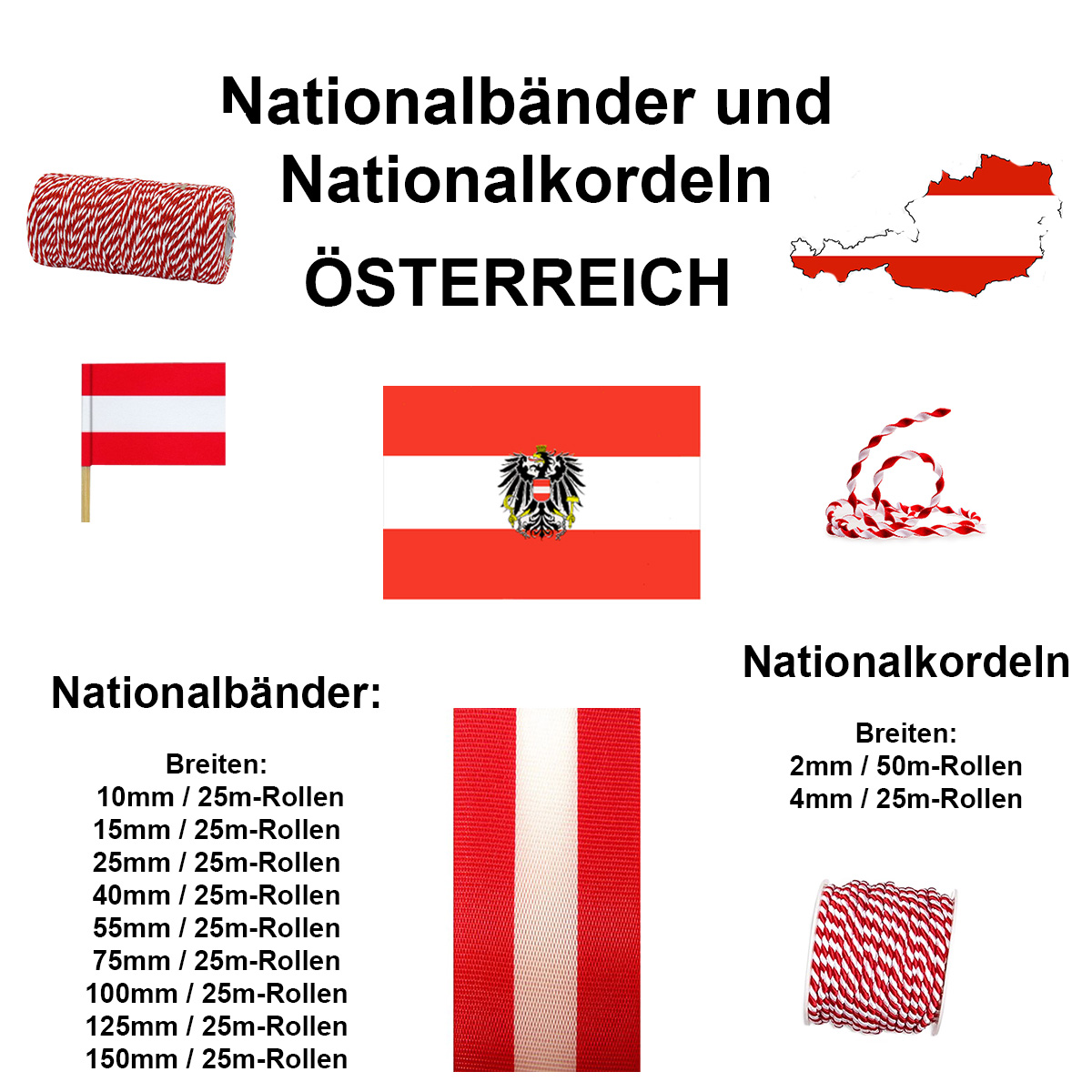 Nationalbänder und Nationalkordeln ÖSTERREICH: verschiedene Breiten und Längen