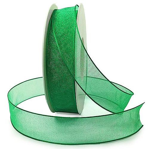 Organzaband mit Drahtkante,  grasgrün - 25mm breit / 25m-Rolle