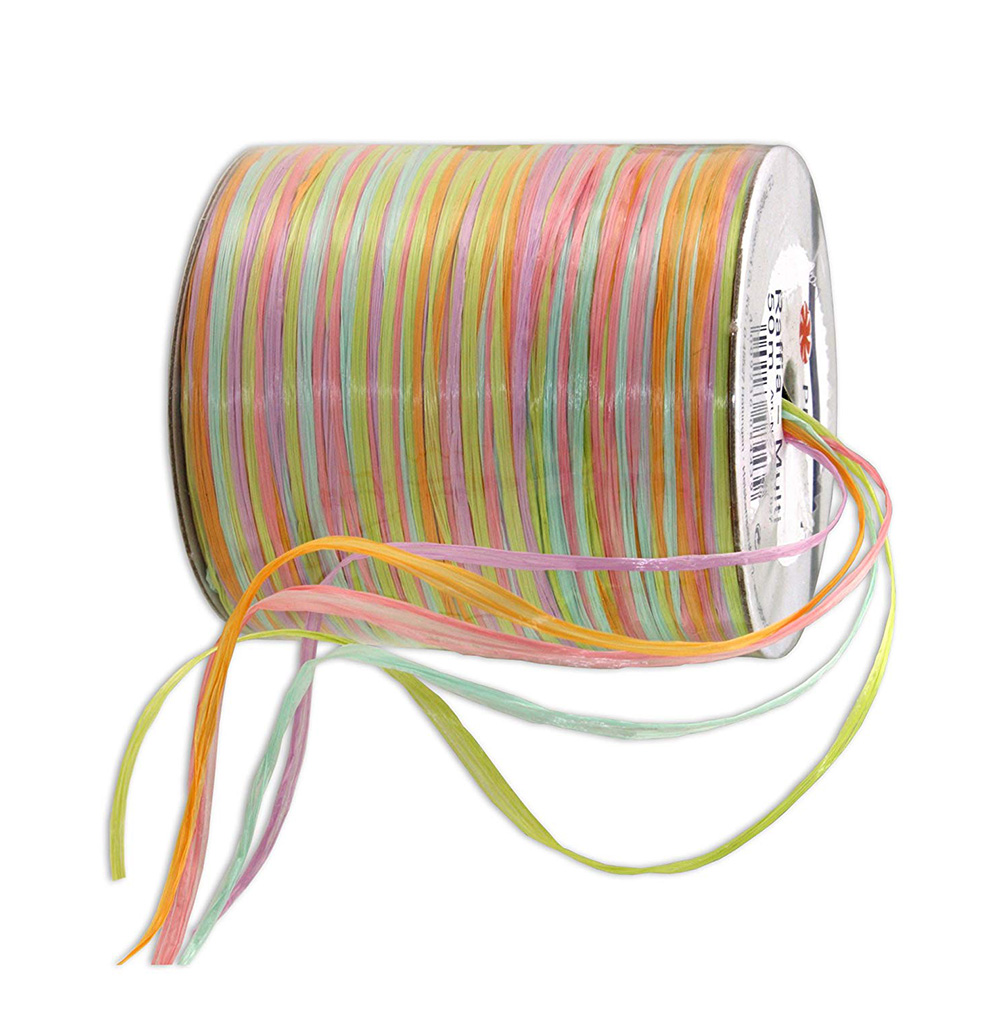136-605-gelb-gruen-orange Raffia-MULTI-Bindebast: 10mm breit / 50m-Rolle, gelb-grün-orange.