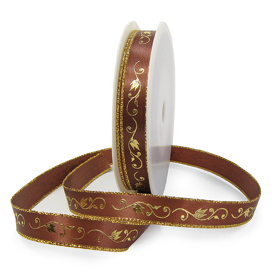 Satinband-ORNAMENT, braun-gold: 15mm breit / 25m-Rolle.