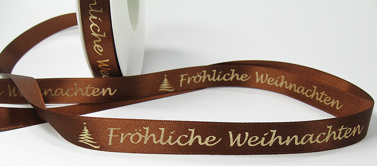 Weihnachtsband-Satin-15mm breit/25m Rolle, kaffeebraun, gold-hochglanz