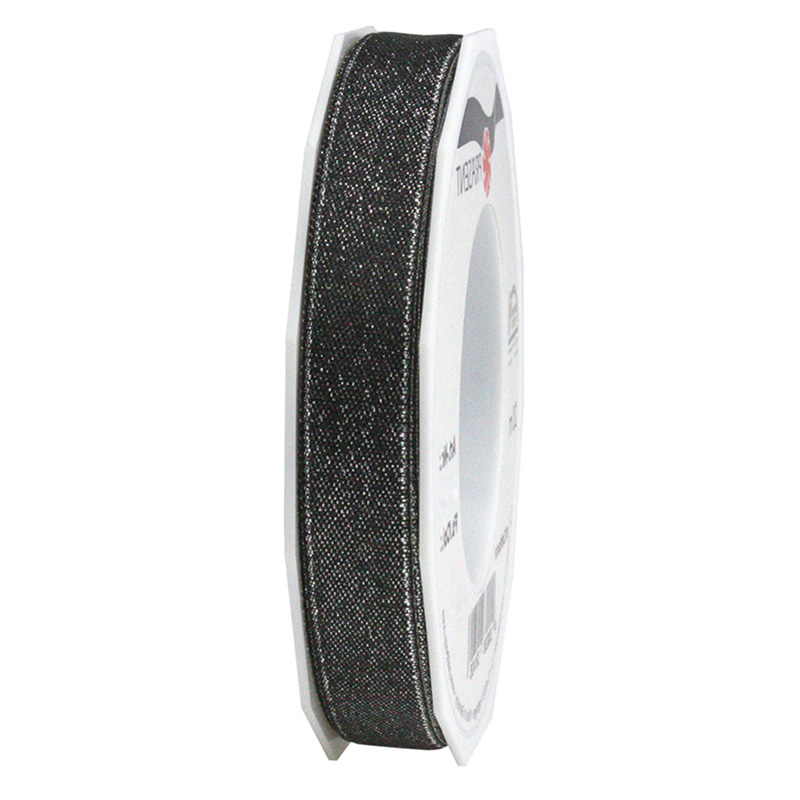 GLITTER-Satinband: 15mm breit/20m-Rolle, schwarz mit Silber-Glitzer