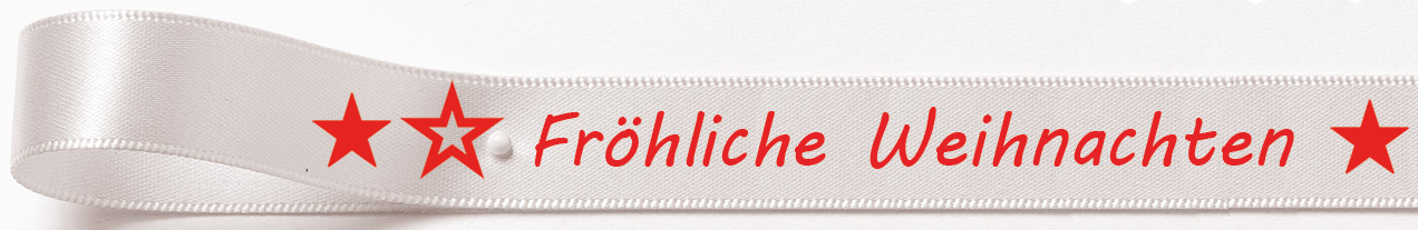 Sterne-Froehliche-Weihnachten-MV-Boli-500 Weihnachtssatinband: 15mm breit / 25m-Rolle weiss mit roter Schrift