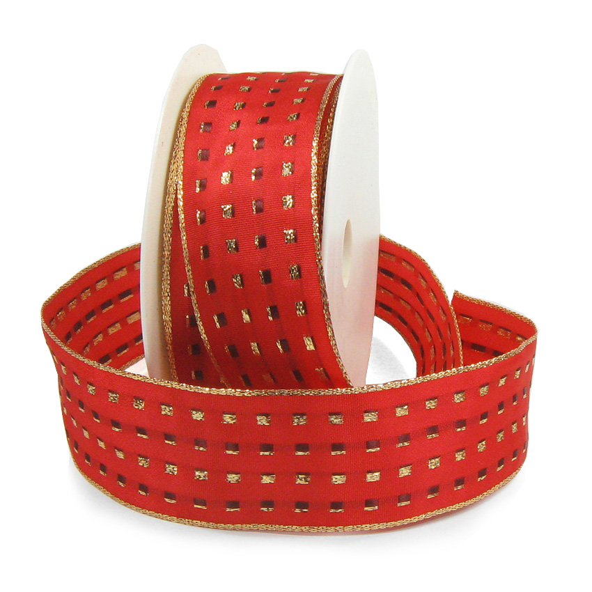 Dekorband-GLAMOUR, rot-gold: 25mm breit / 25m-Rolle, mit Drahtkante