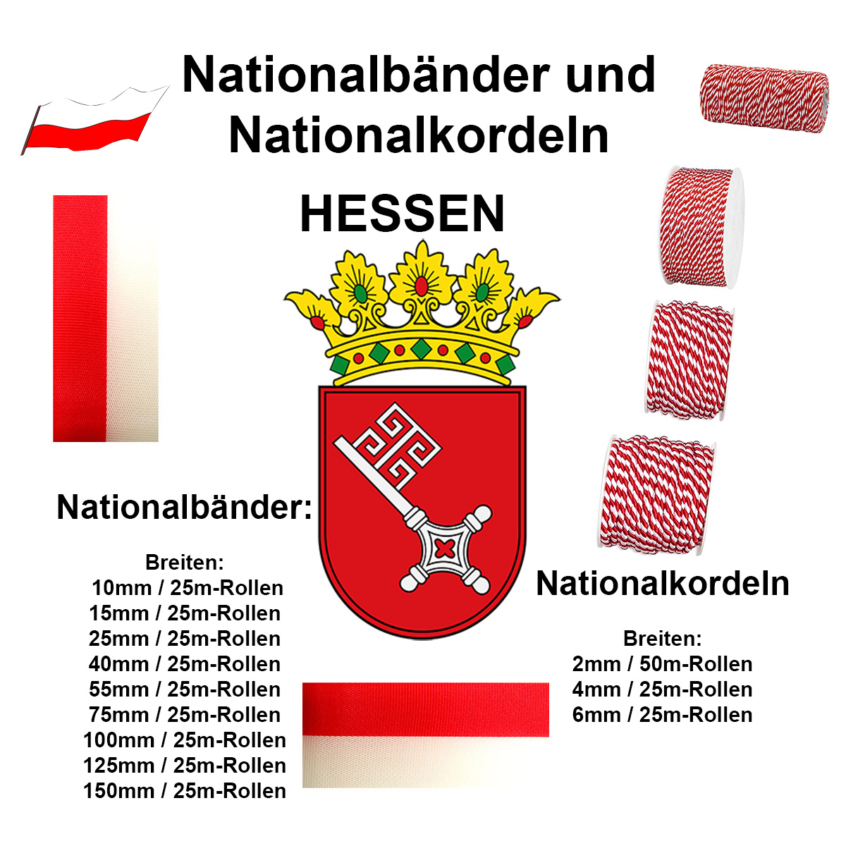 Nationalbänder und Nationalkordeln HESSEN, verschiedene Breiten und Längen