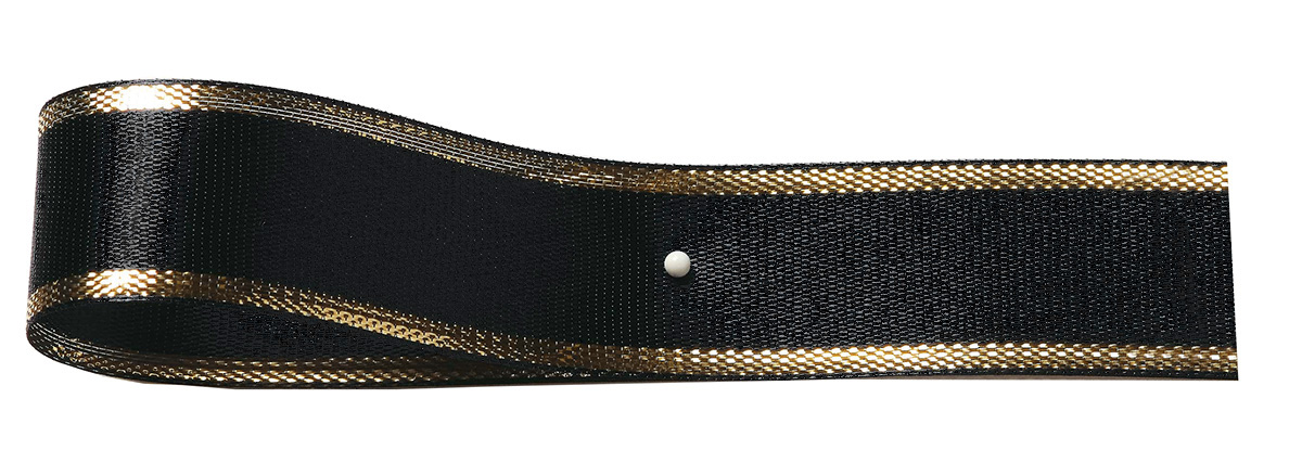 Satinband-EASY, schwarz-gold: 10mm breit / 25m-Rolle, mit Lurex-Gold-Kante.