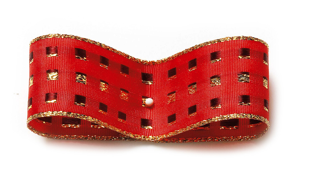 1512025042-1 Dekorband-GLAMOUR, rot-gold: 38mm breit / 25m-Rolle, mit Drahtkante.