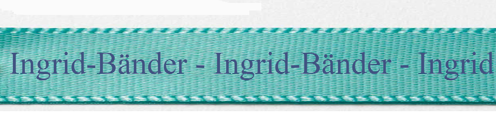 Beispie: Ihre Firmenname (+Logo) auf Satinband türkis-marineblau mit Classic Schrift: 15mm breit / 25m-Rolle