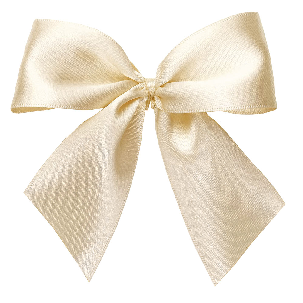 _DSC9178-creme-106 Fertigschleifen aus doppelseitigem Satinband, creme mit 2 Flügeln: 25 Stück in Klarsicht-Box. Maße: von Flügel zu Flügel: ca. 10 cm