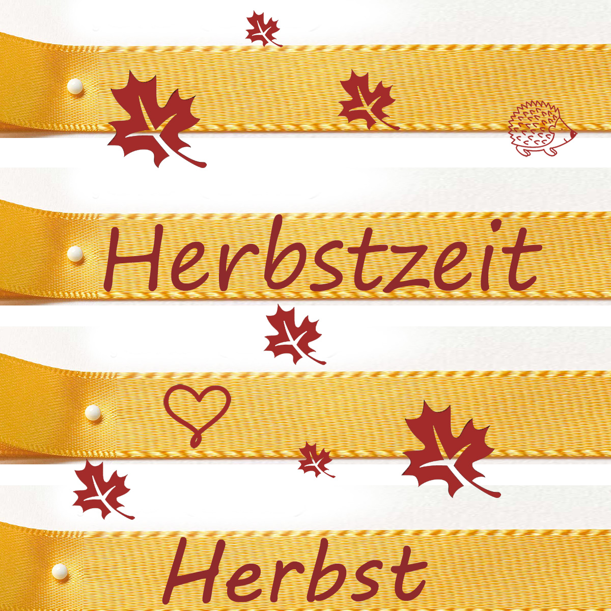 Herbstband aus Doppelsatinband gelb mit weinrotem Aufdruck: 15mm breit / 25m-Rolle