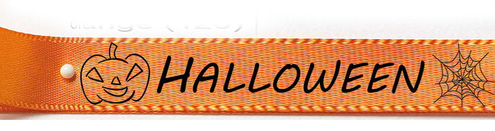HALLOWEEN 2019 - Doppelsatinband orange mit schwarzem Druck: 15mm breit / 25m-Rolle