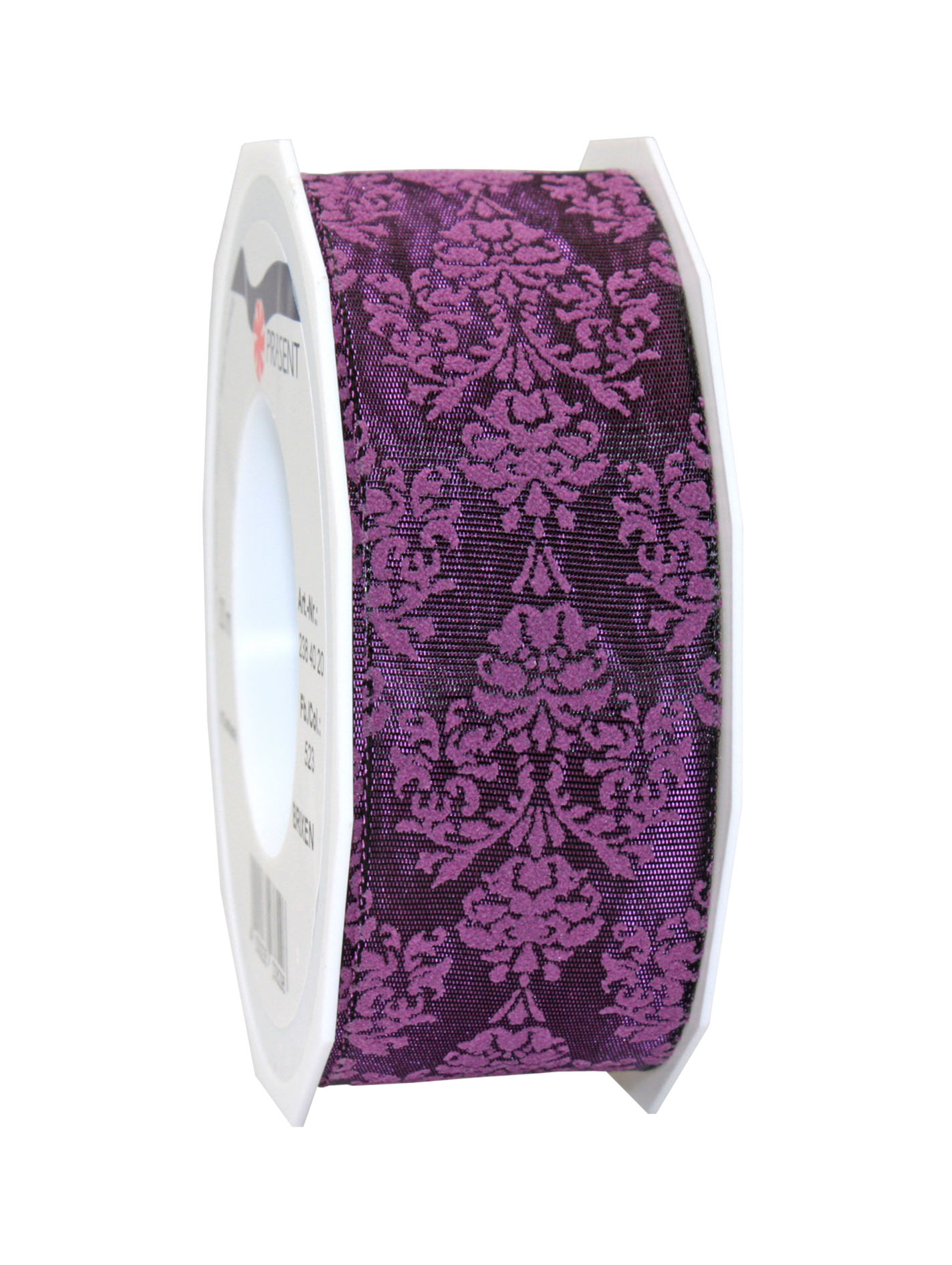 Brixen violett mit lila Ornamentbeflockung: 40mm breit / 20m-Rolle mit Drahtkante