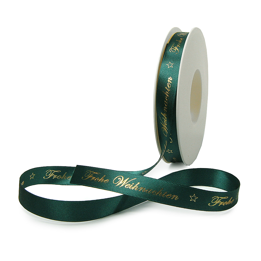WB12100039hg Weihnachtsband-Satin-15mm breit/25m Rolle, tannengrün, gold-hochglanz