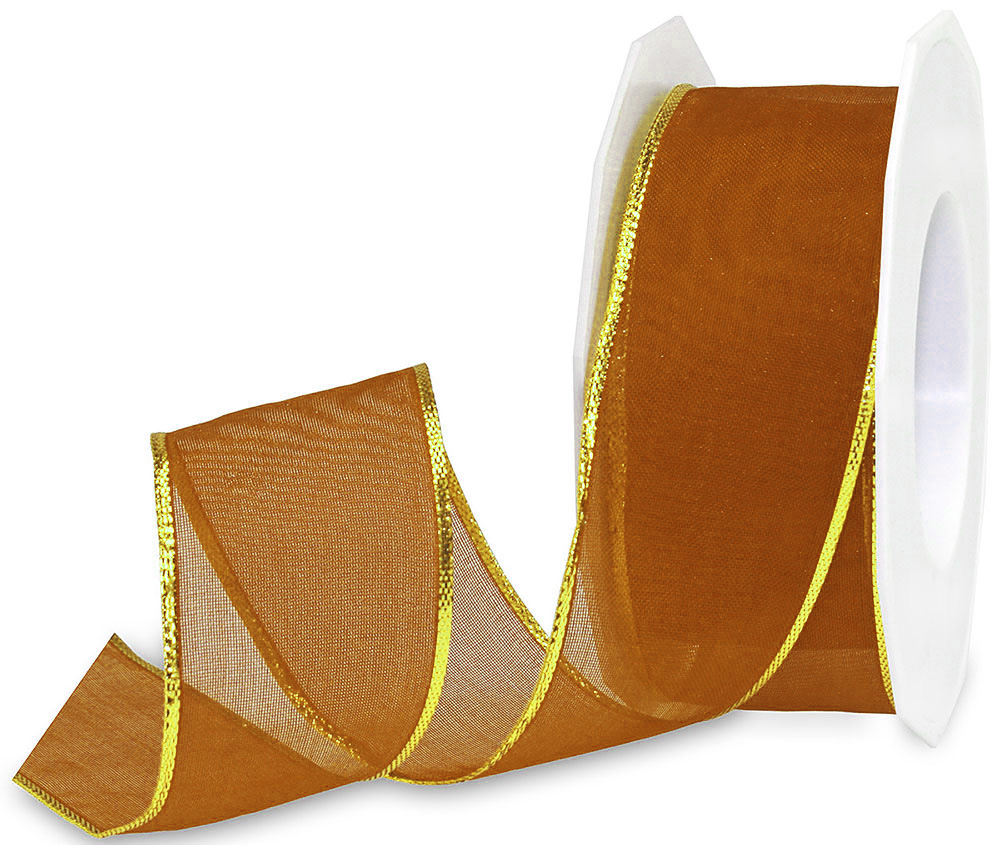Organza-braun-gold-151940-132 Organzaband: 40mm breit / 25m-Rolle, mit goldener LUREX-Drahtkante, braun