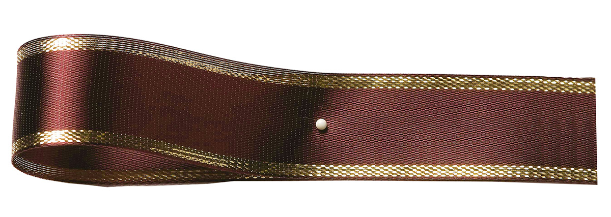 Satinband-EASY, bordeaux-gold: 10mm breit / 25m-Rolle, mit Lurex-Gold-Kante.