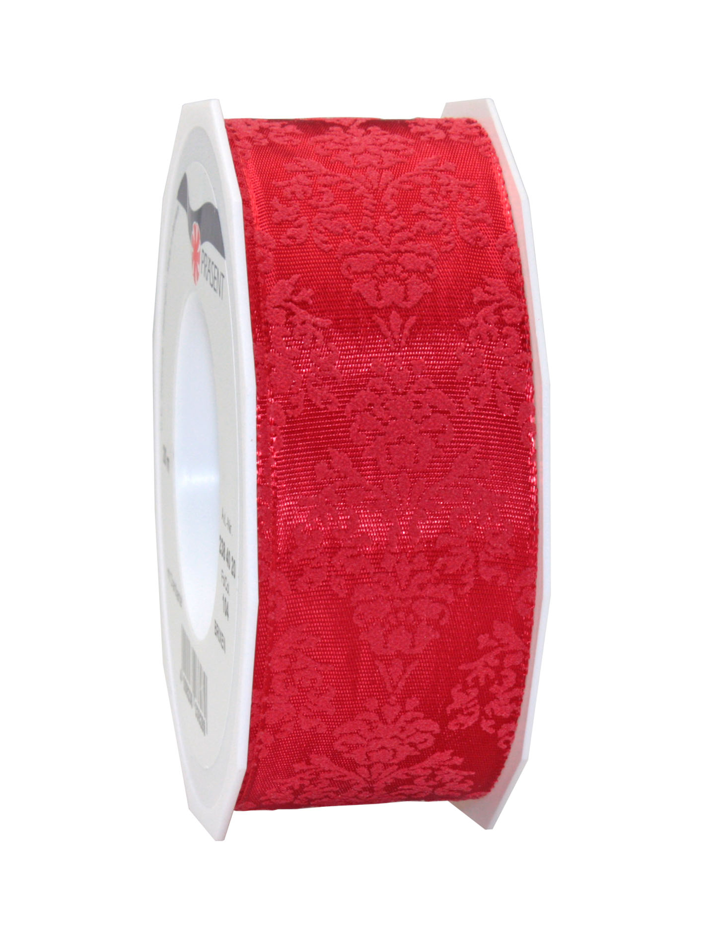 Brixen rot mit roter Ornamentbeflockung: 40mm breit / 20m-Rolle mit Drahtkante