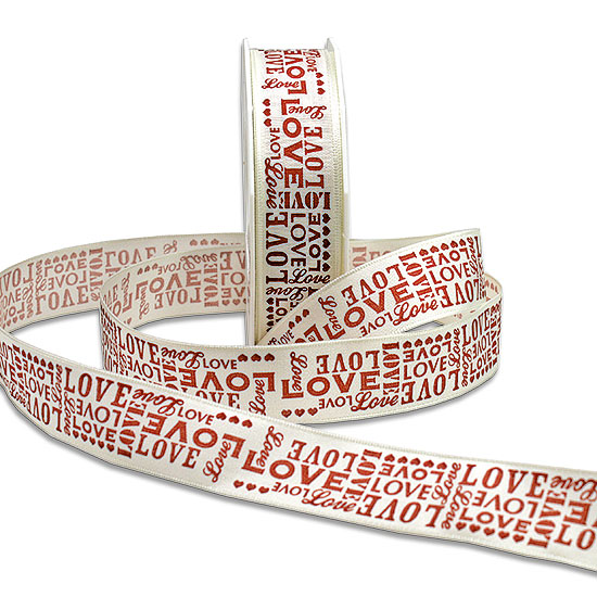 Herzenband "LOVE", creme-rot: 25mm breit / 20m-Rolle, mit Drahtkante