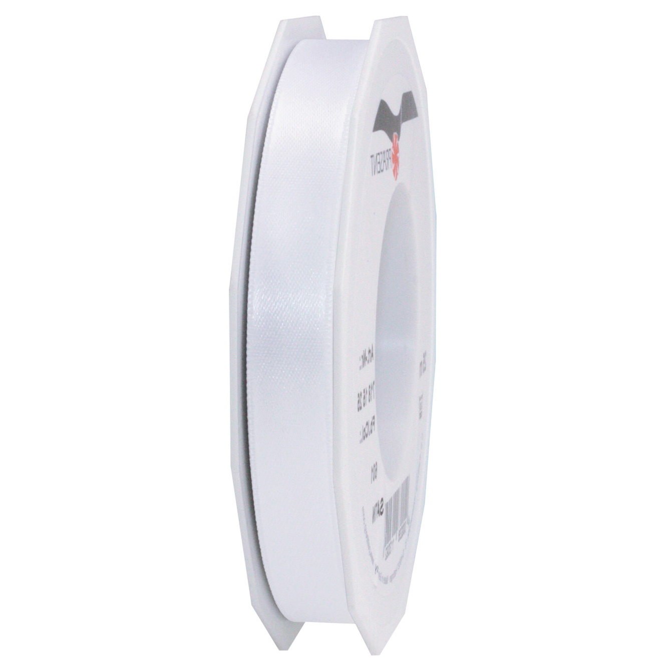 Satinband-PRÄSENT, weiß: 15mm breit / 25m-Rolle, mit feiner Webkante.
