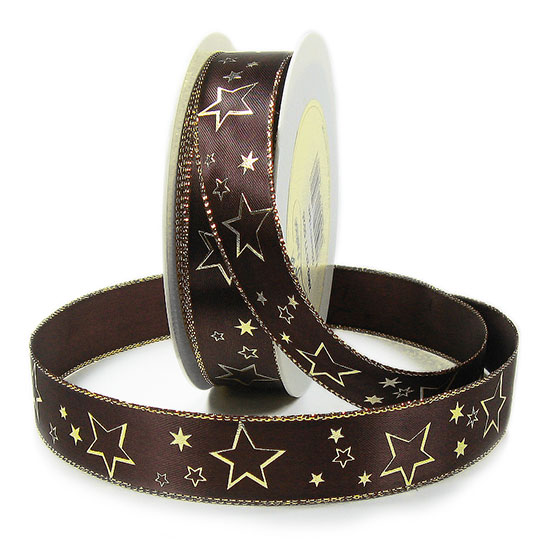 Weihnachtsband-GALAXY: 25mm breit / 25m-Rolle, dunkelbraun-gold
