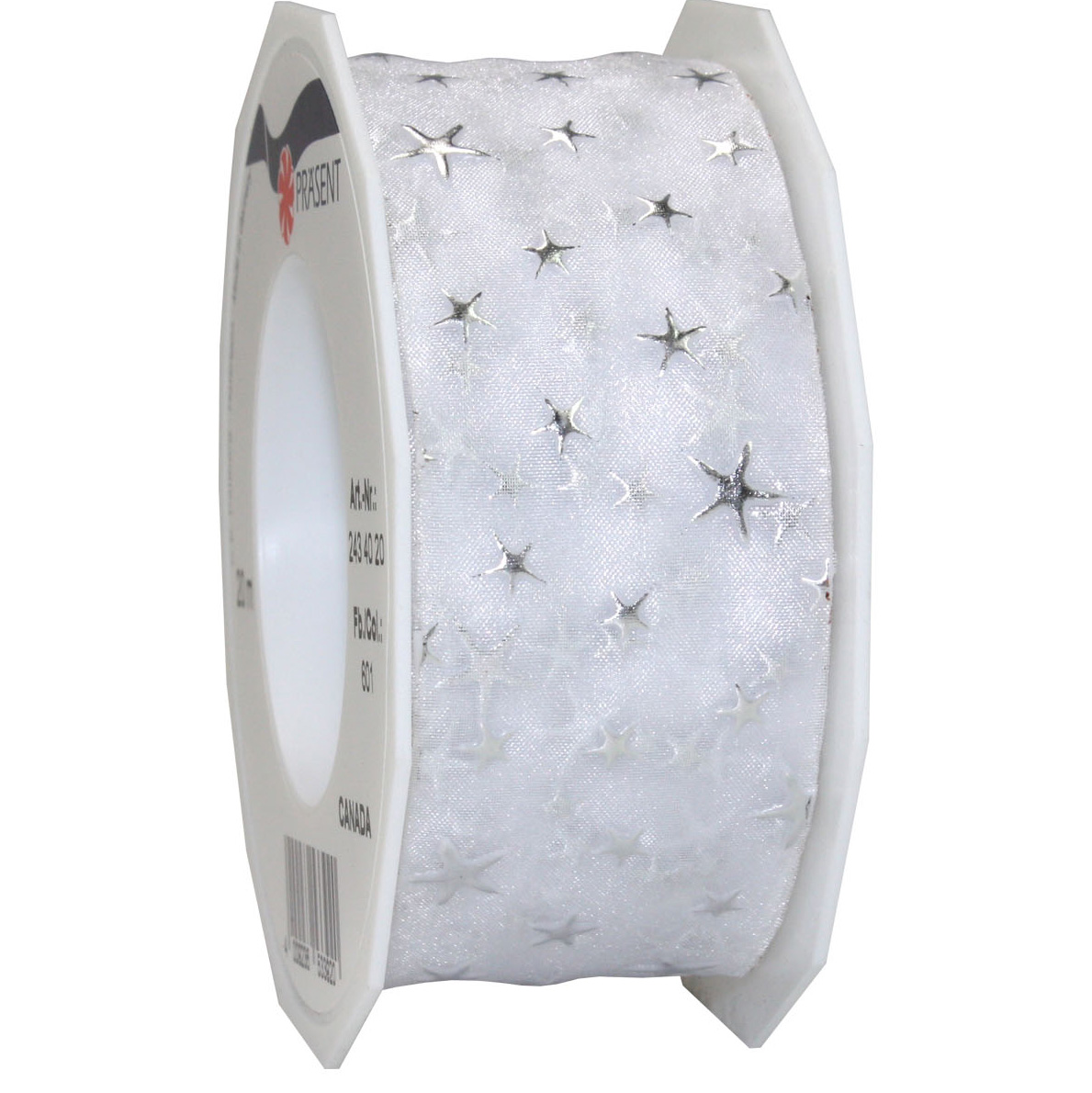2434020601 Weihnachtsband-CANADA, weiss: 40mm breit / 20m-Rolle