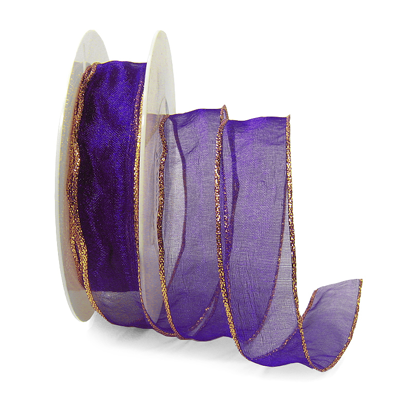 Organzaband mit LUREX-Drahtkante, 25mm breit / 25m-Rolle, violett-gold.