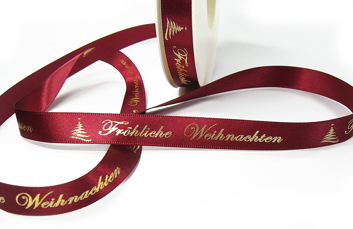 Weihnachtsband-Satin-15mm breit/25m Rolle, weinrot, gold-hochglanz