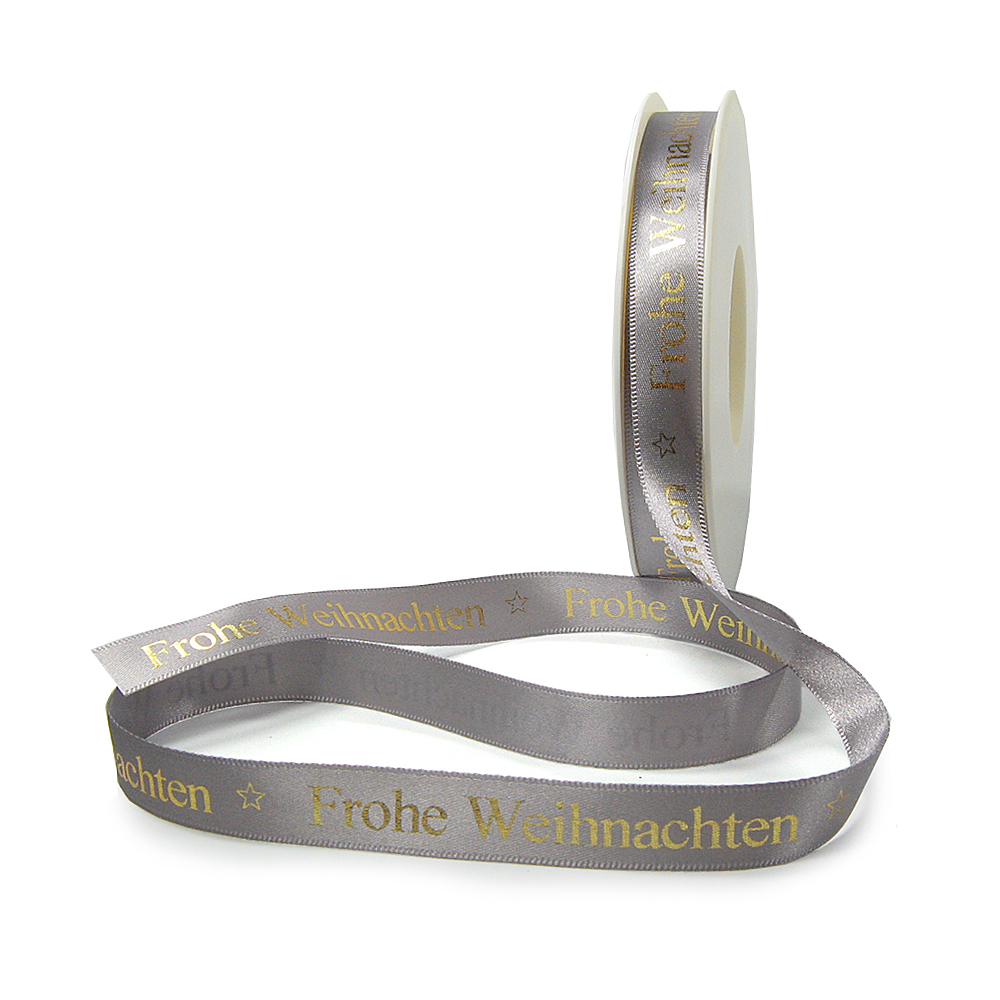 WB-12100181hg Weihnachtsband-Satin-15mm breit/25m Rolle, silbergrau, gold-hochglanz