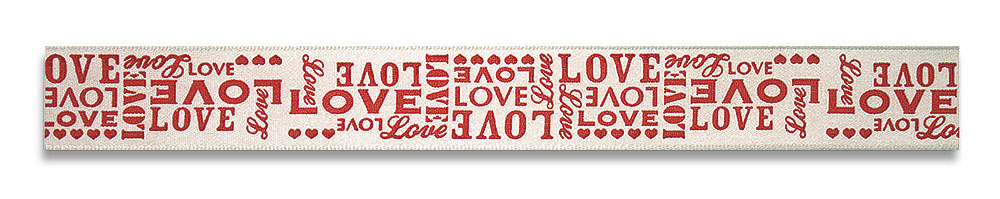 Herzenband "LOVE", creme-rot: 25mm breit / 20m-Rolle, mit Drahtkante (Detailansicht)