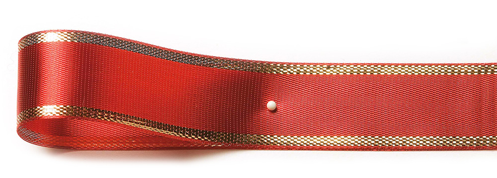 Satinband-EASY, rot-gold: 15mm breit / 25m-Rolle, mit Lurex-Gold-Kante.