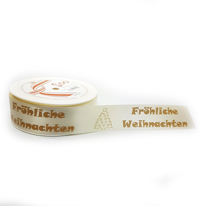 Weihnachtsband-Satin "Fröhliche Weihnachten": 38mm breit / 25m Rolle, creme-gold.