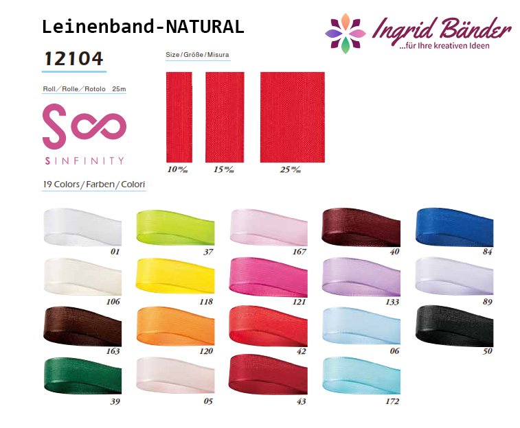 Leinenband-NATURAL: 10 - 15 - 25 und 38 mm breit / 25m-Rollen, alle Farben