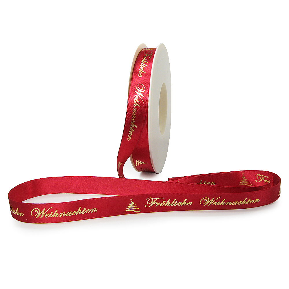 WB-1210015042hg Weihnachtsband-Satin-15mm breit/25m Rolle, rot, gold-hochglanz