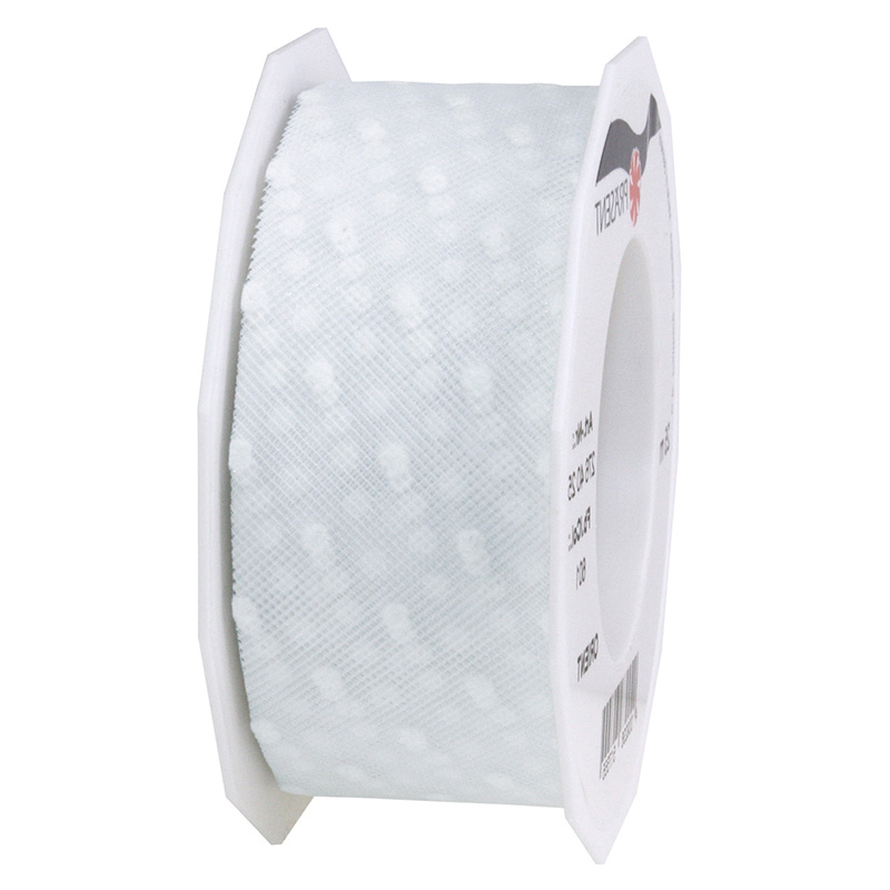 2764025601 Tüllband-ORIENT, weiß mit weißen Tupfen, 40mm breit, 25m-Rolle