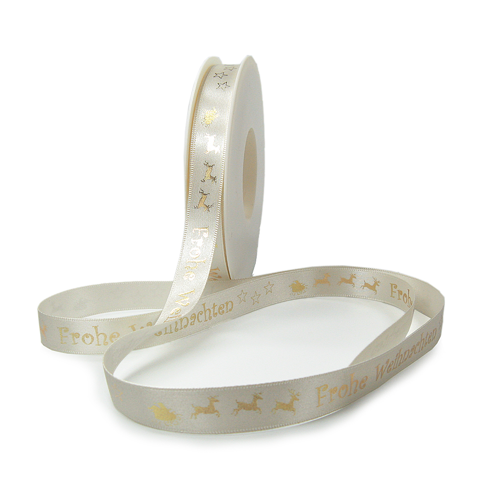 Weihnachtsband-Satin-15mm breit/25m Rolle, creme, gold-hochglanz