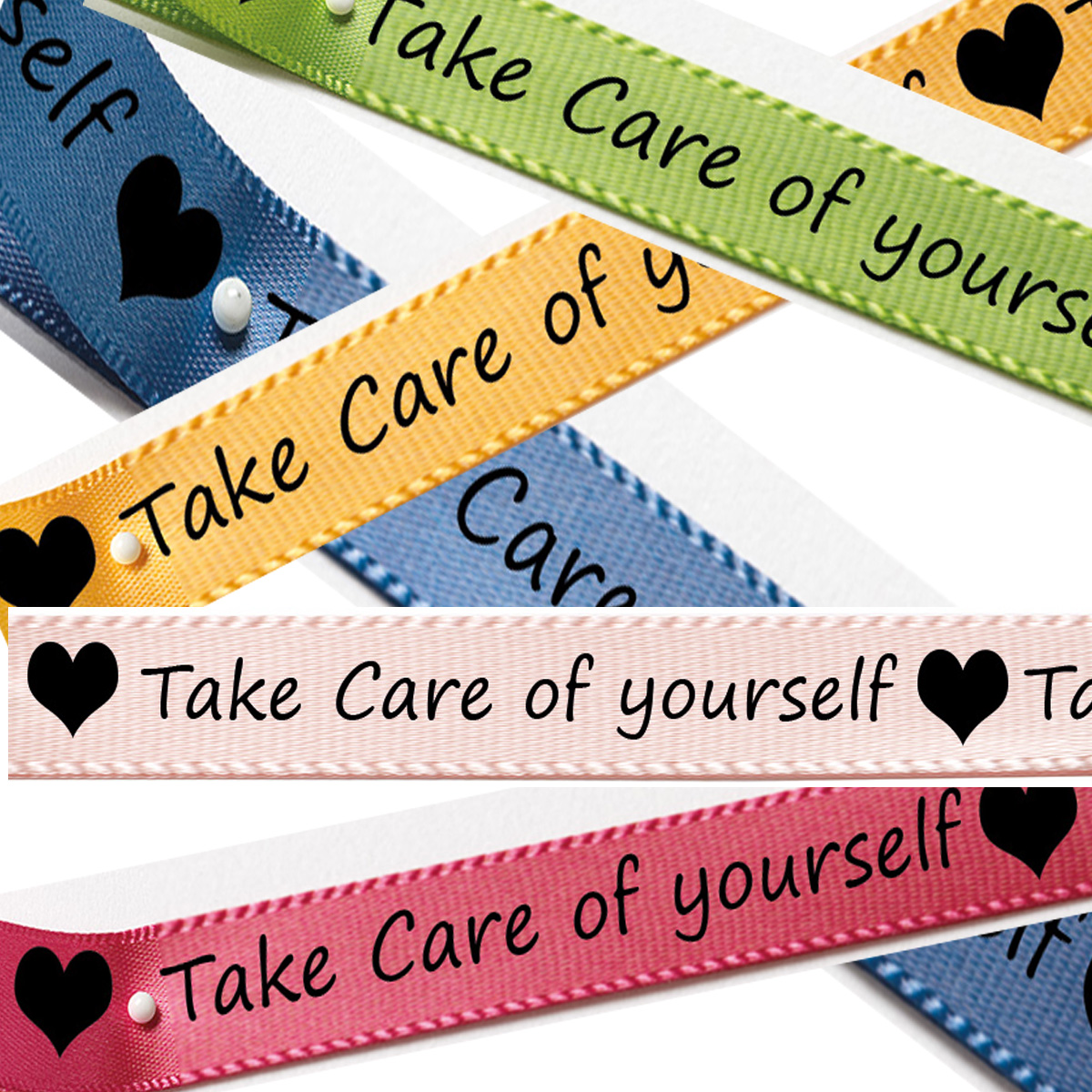 Satinband- Set Take Care: 15mm breit / 5 x 3m in blau, gelb, grün, pink und hellrosa