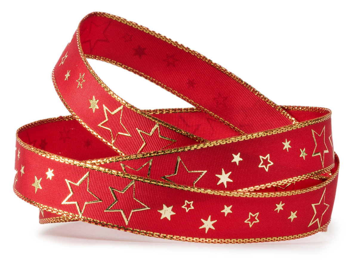 DETAIL-ANSICHT: Weihnachtsband-CIELO, rot-gold: 15mm breit / 25m-Rolle, mit DrahtkantE