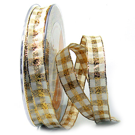 1560015106 Karoband, creme-gold: 15mm breit / 25m-Rolle, mit Drahtkante