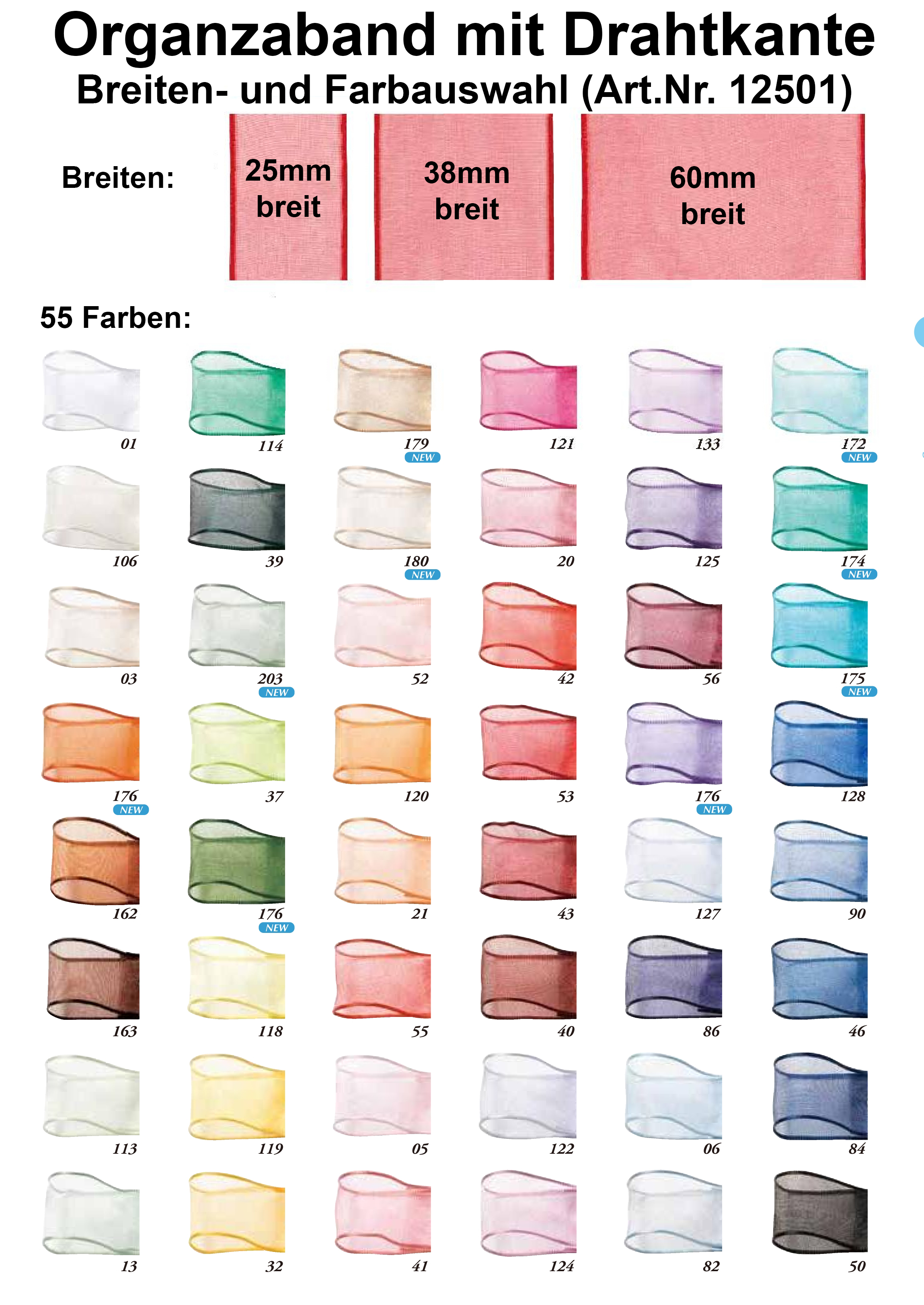 Organzaband mit Drahtkante: Breiten- und Farbenauswahl