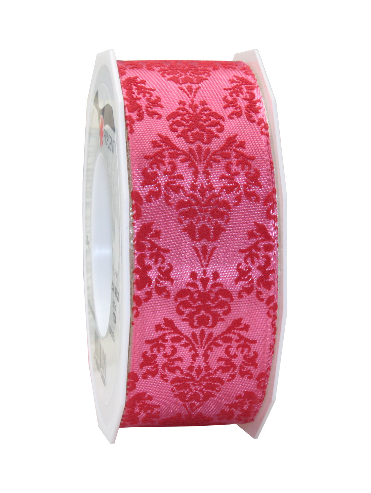 Brixen pink mit roter Ornamentbeflockung: 40mm breit / 20m-Rolle mit Drahtkante